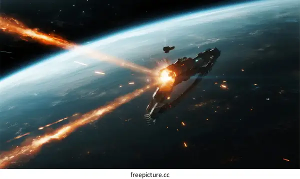 Spaceship Engaging in Cosmic Battle Above Earth