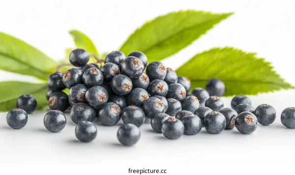 Closeup of Elderberries and Leaves on White Background