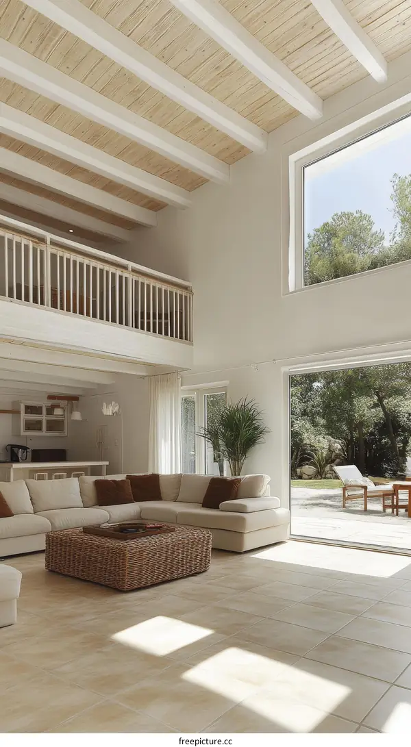 Modern Spacious Living Room with Wooden Beams