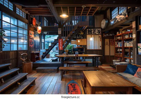 A traditional Japanese house with a wooden interior and a table in the center