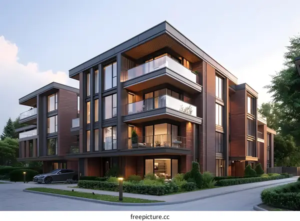 The modern facade of a two-story residential building with brick cladding and large windows
