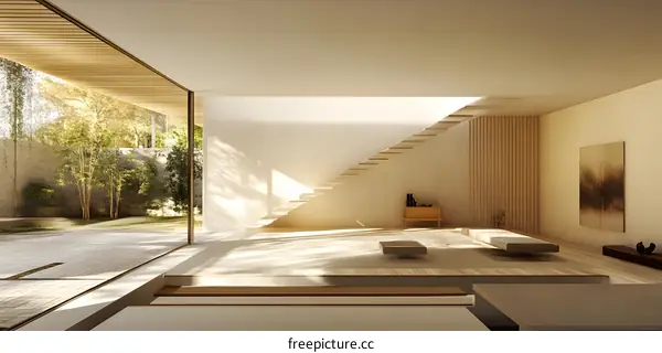 Modern Minimalist Japanese Style Living Room Interior Design with Wooden Stairs and Large Window