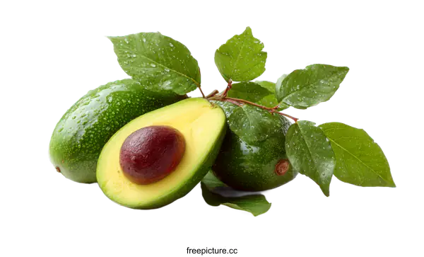 [Transparent Background PNG]Fresh Ripe Avocado with Leaves