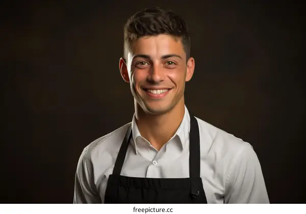 Portrait of a young male chef smiling in front of a dark background