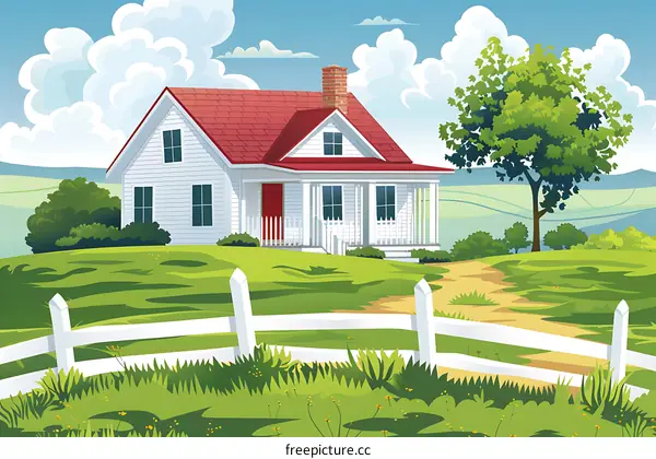 White House with Red Roof on Green Hill