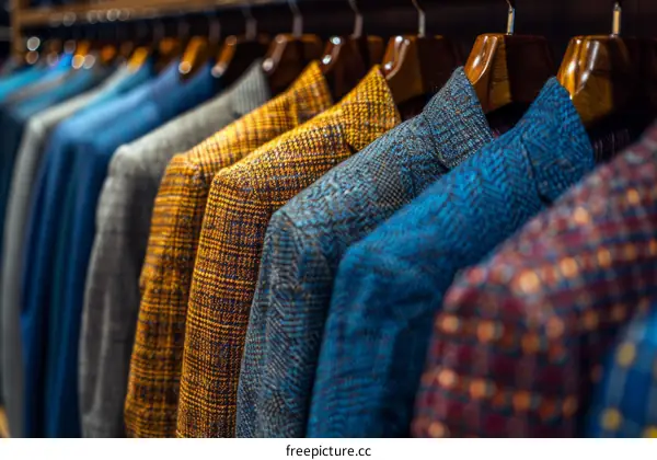 A selection of tailored tweed jackets in a variety of colors and patterns.