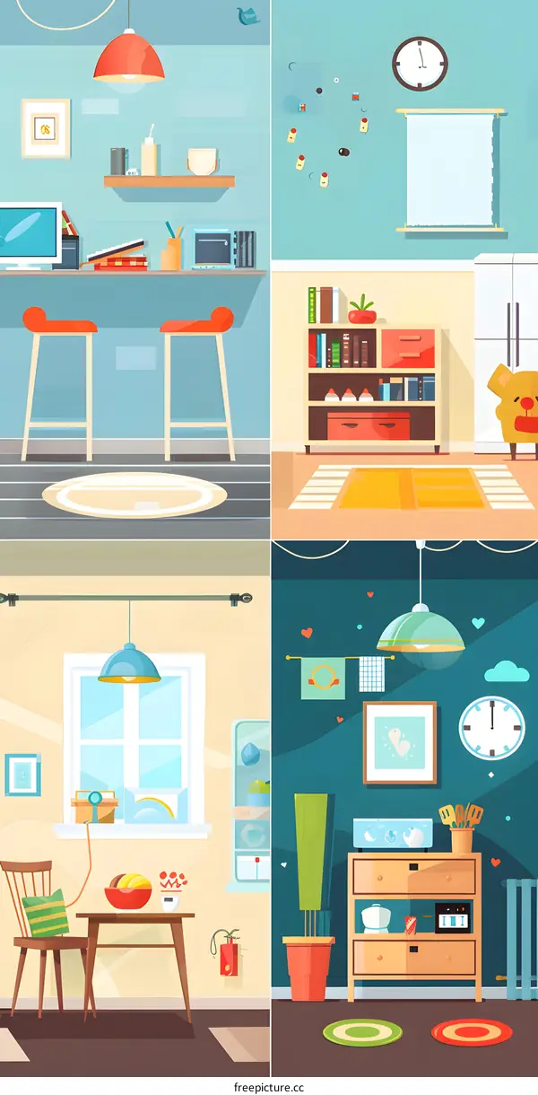 Colorful Cartoon Illustration of Four Different Rooms in a House