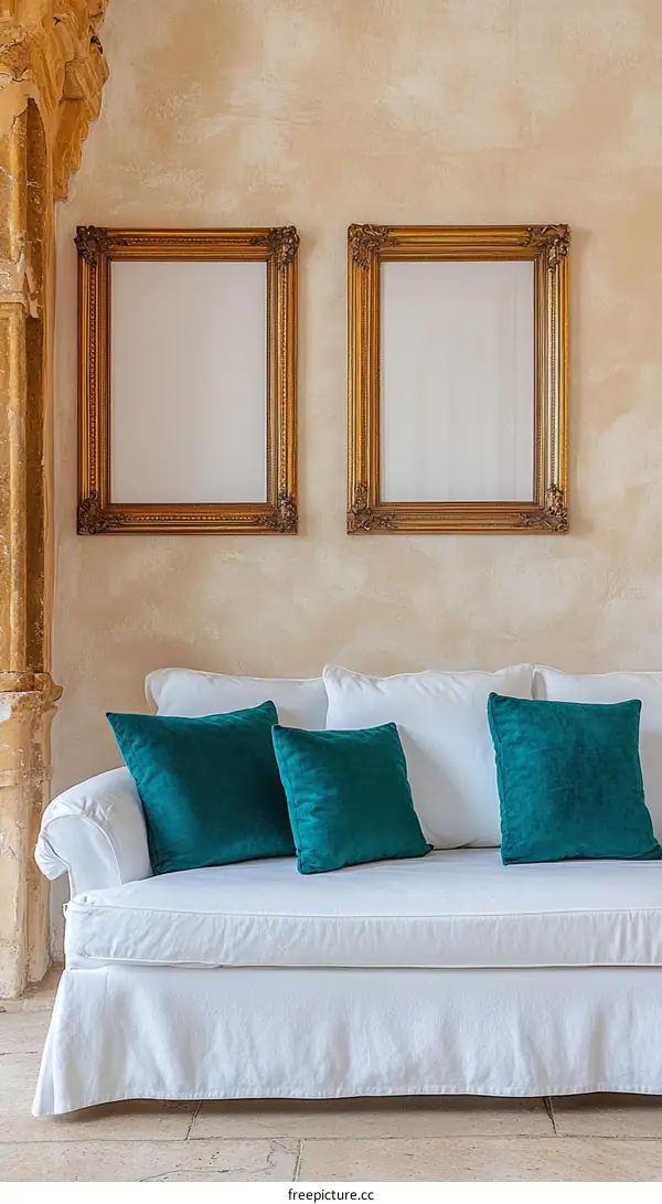 Classic Sofa in a Beige Room with Ornate Frames