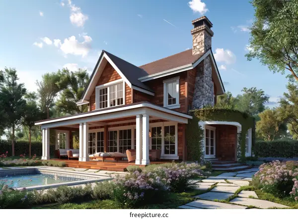 An illustration of a beautiful house with a pool and a garden