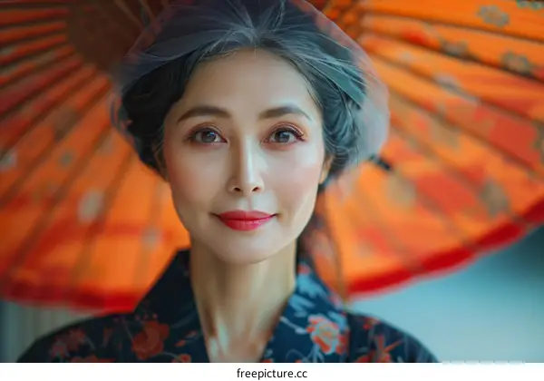 Portrait of a beautiful Japanese woman in traditional kimono with orange umbrella