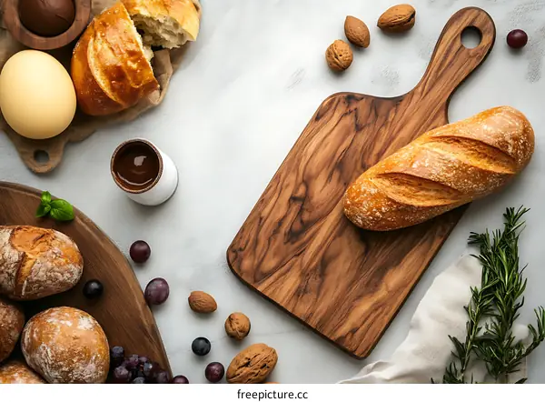 Freshly Baked Bread on a Rustic Wooden Cutting Board with Almonds and Grapes