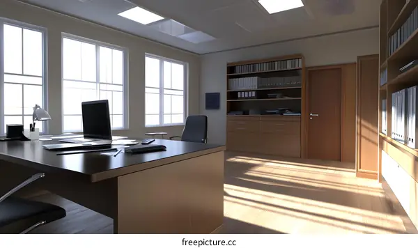 Modern Office Interior Design With Desk And Bookshelves