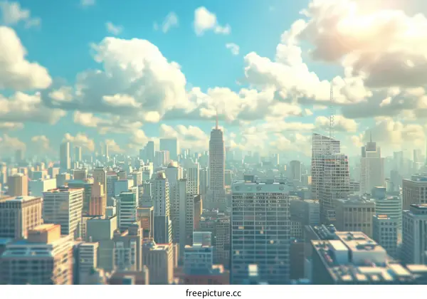 Cityscape with skyscrapers under blue sky and white clouds