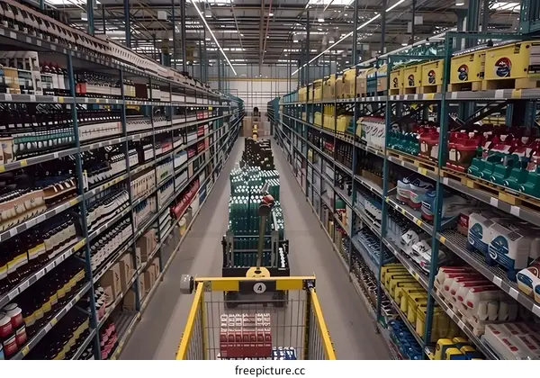 Warehouse Aisle with Shelves of Products