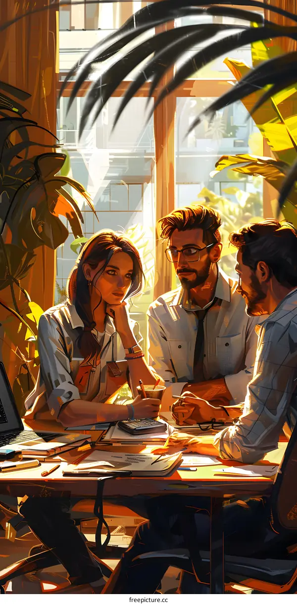 three business people are discussing work in an office