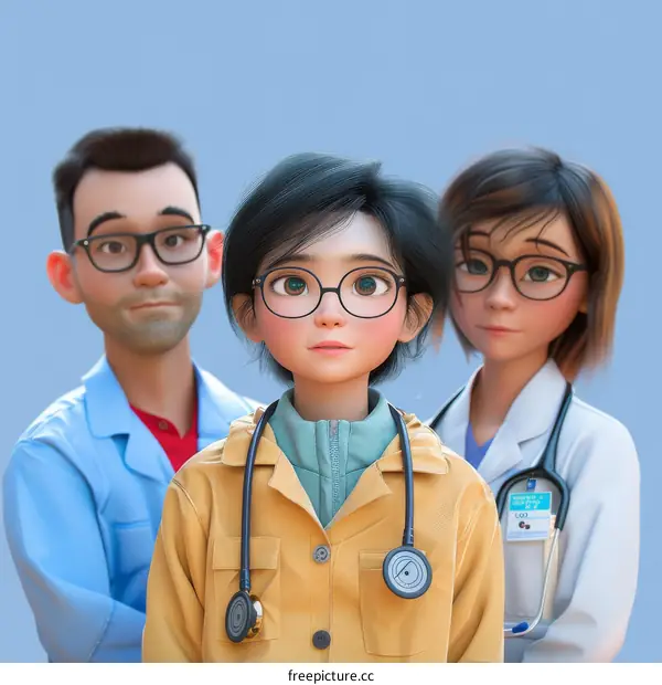 Illustration of three healthcare professionals wearing lab coats and stethoscopes