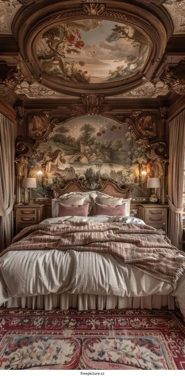 Antique Bedroom with Detailed Wall Mural
