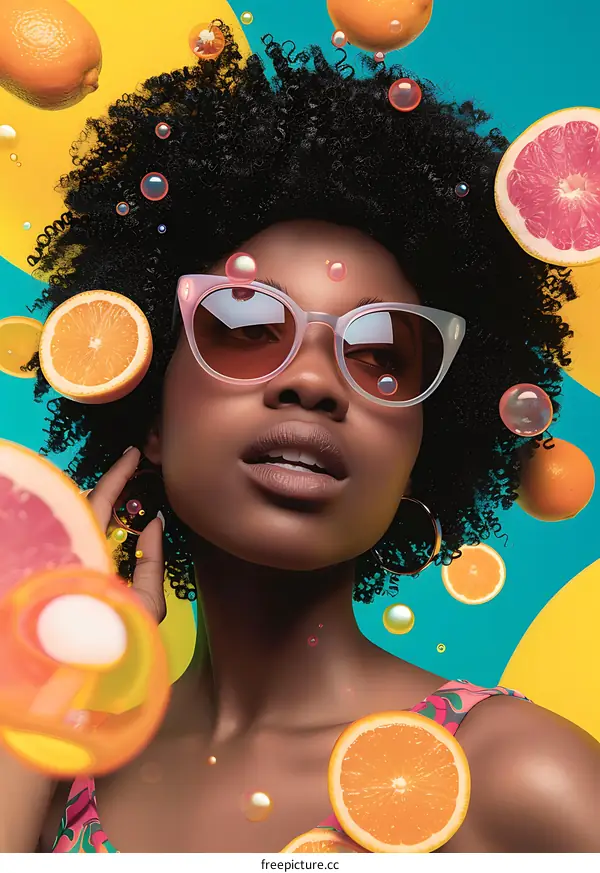 Woman with Curly Hair Surrounded by Fruit