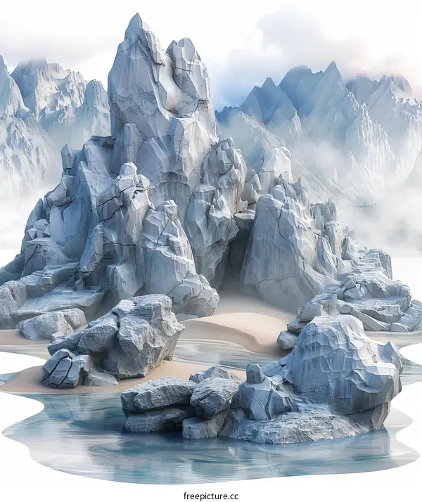 Floating Rocks Landscape with Snow-Capped Mountains