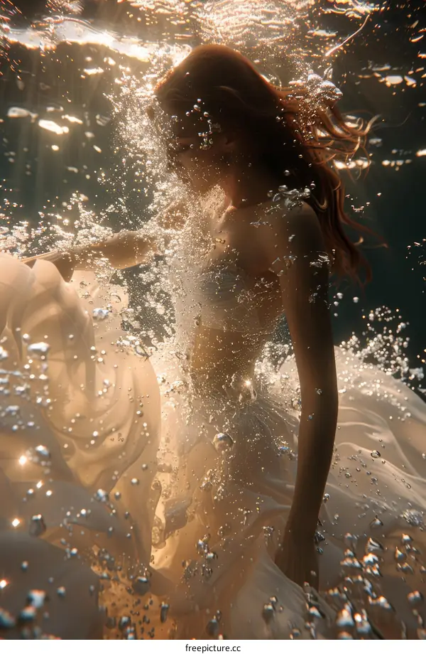 An illustration of a woman in a white dress swimming underwater