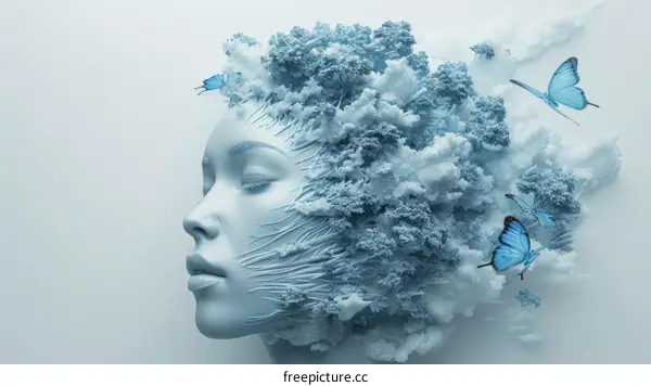 Blue-skinned woman with a forest of trees and blue butterflies on her head