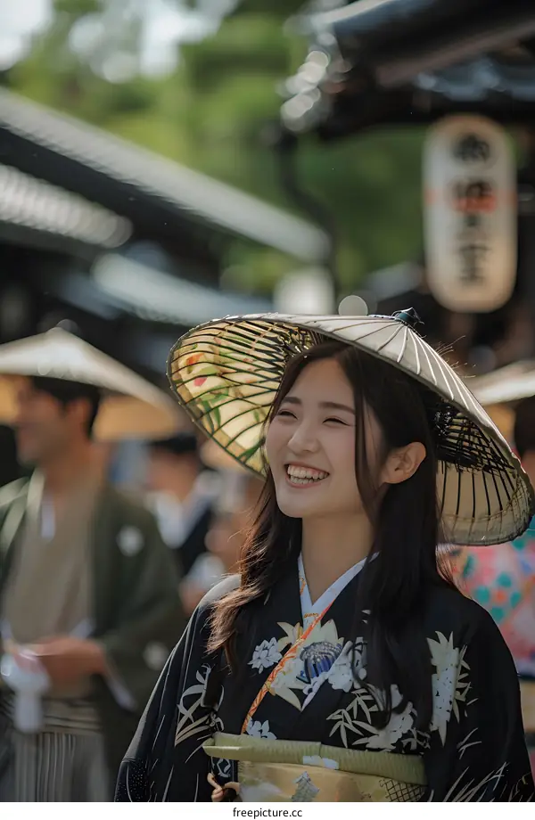 Smiling Woman in Traditional Japanese Kimono and Hat