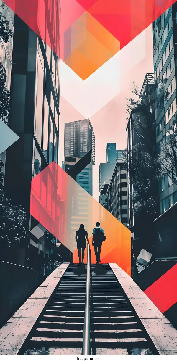Two People Walking Up Stairs in City With Abstract Shapes