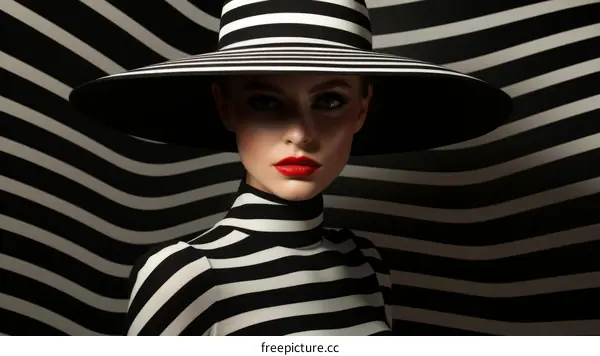 Woman with hat in fashion portrait with black and white stripes