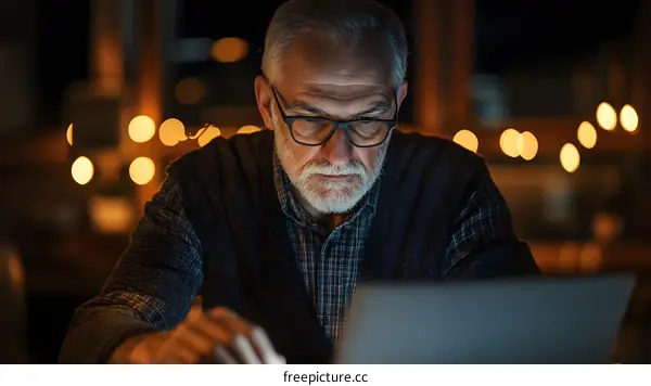 Senior Man Working On Laptop At Night
