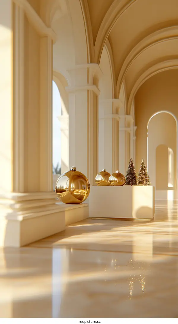 Golden Christmas Ornaments in a Grand Hallway