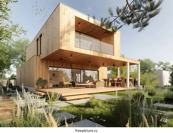 Modern Wooden House with Patio and Garden Design