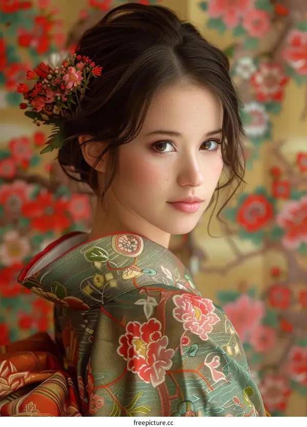 Beautiful Woman in Traditional Japanese Kimono