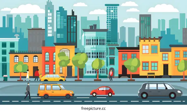 Cityscape Illustration With Cars and People Walking