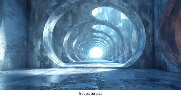 Futuristic Concrete Tunnel with Glowing Blue Light at the End