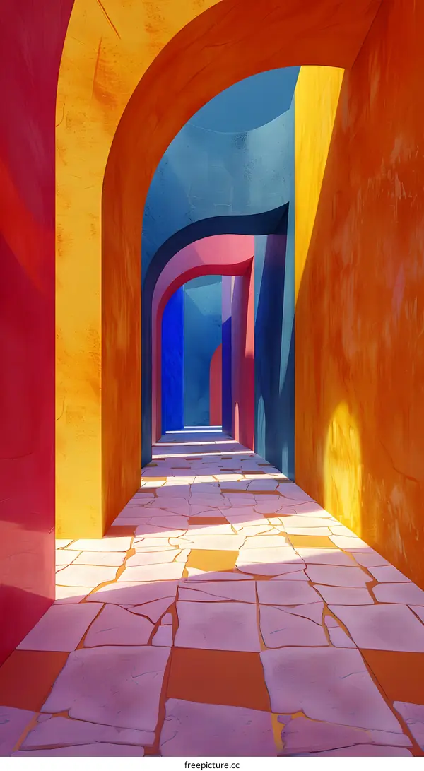 Colorful 3D rendered building facades with arches