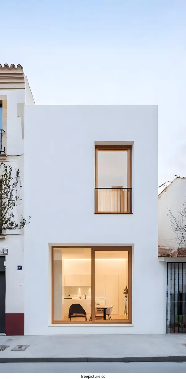 Minimalist White House with Large Windows and Wooden Frames