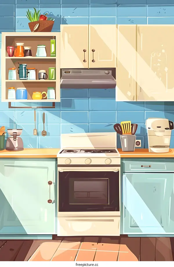 Cartoon Illustration of a Kitchen with a Stove