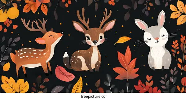 Cute Autumn Animals Deer and Rabbit Illustration