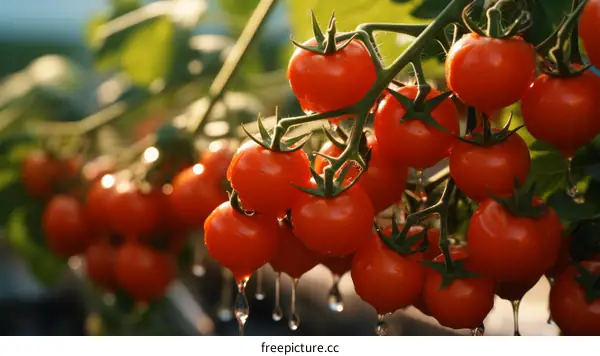 Close-up of ripe tomatoes on the vine with water drops