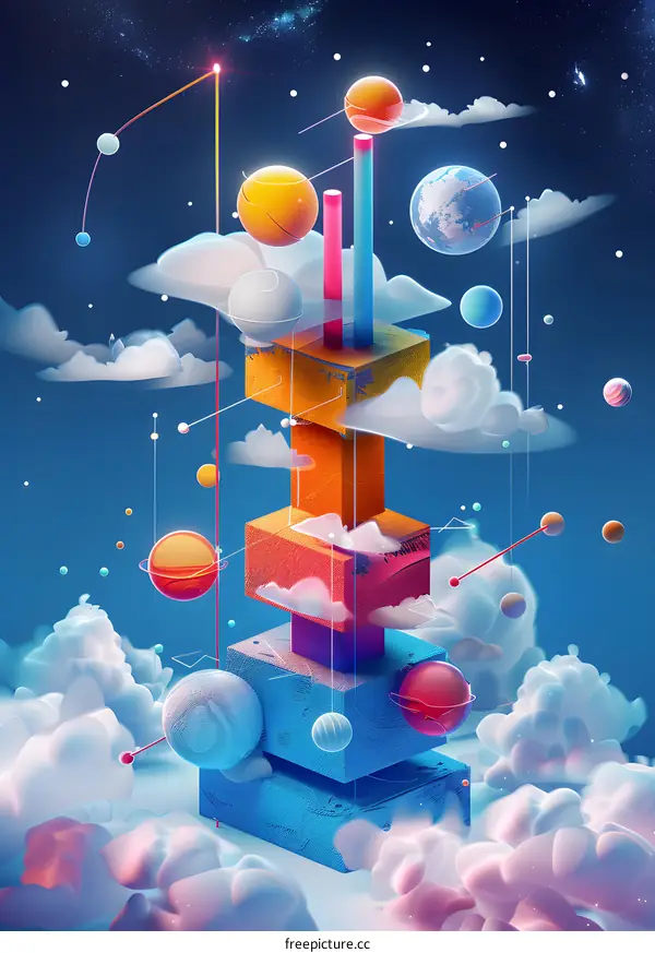 Abstract 3D Illustration with Cubes, Spheres, and Clouds