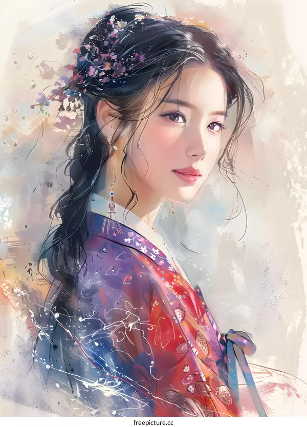 An illustration of a beautiful Asian woman in traditional dress