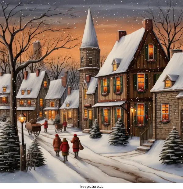 A Snowy Village Street with People Walking