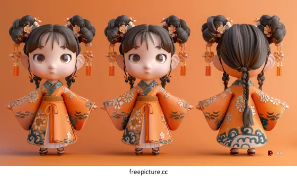 3D illustration of a cute girl in a traditional Chinese dress