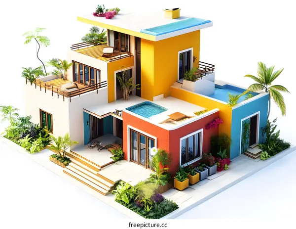 Modern Colorful House Design With Pool And Palm Trees