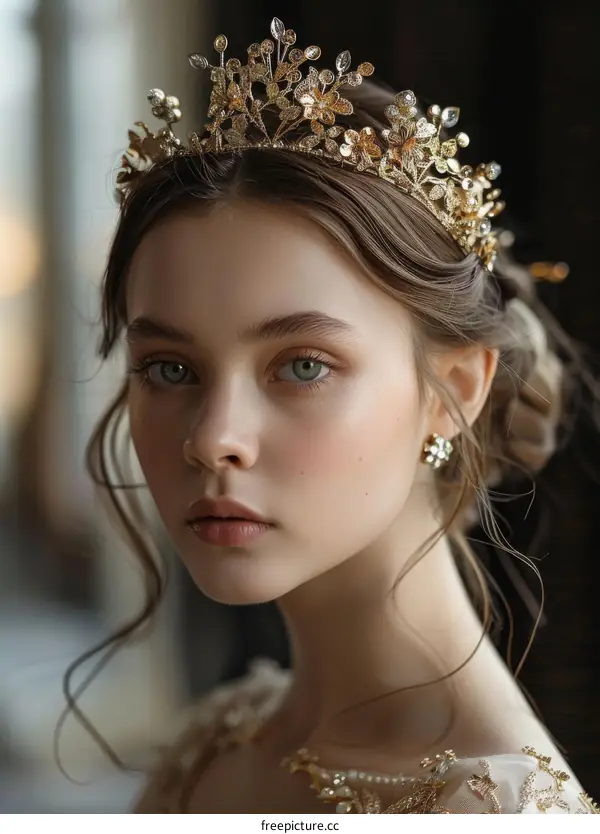 Portrait of a young woman wearing a golden crown