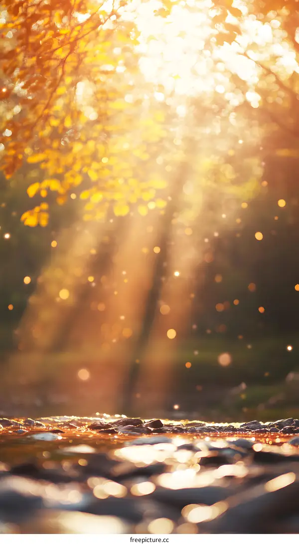 Golden Autumn Sunlight Shining Through The Tree Branches Over The River