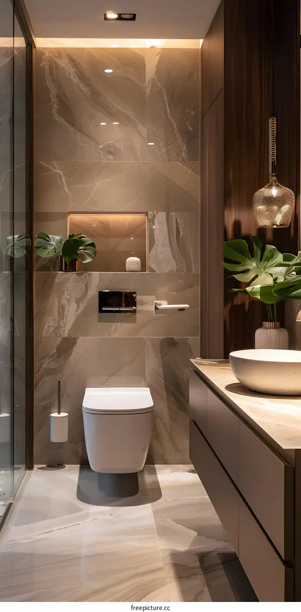 Stylish Modern Minimalist Bathroom Interior with Marble Ceramic Wall and Wood Grain Floor Tiles, Bright and Spacious Atmosphere