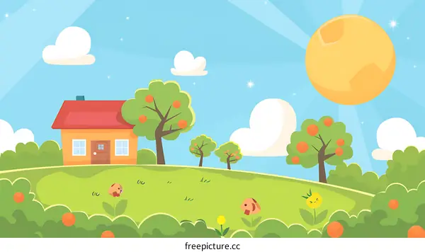 Cartoon Landscape Illustration With Cute House and Trees