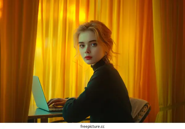 Portrait of a young woman sitting in front of a window with yellow curtains