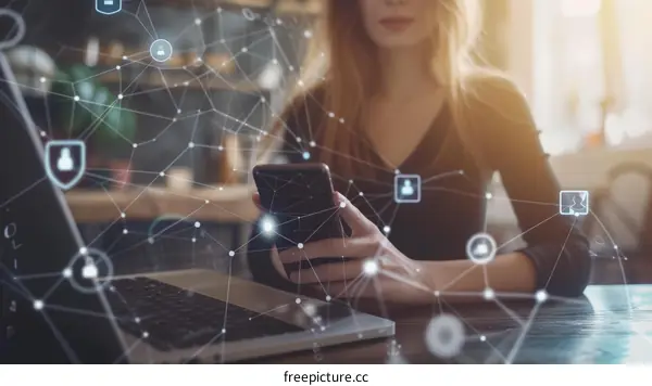 Young woman using smartphone with network icons around her